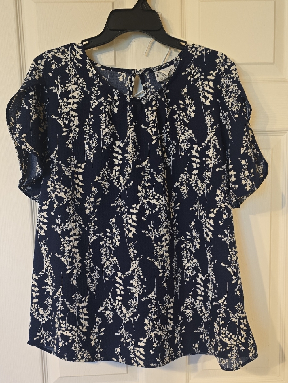 Navy Blue Floral Print Short Sleeve Blouse